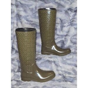 NWB Coach Tudor Shiny Rubber Signature Logo Tall Rain Boots Fatigue 7
